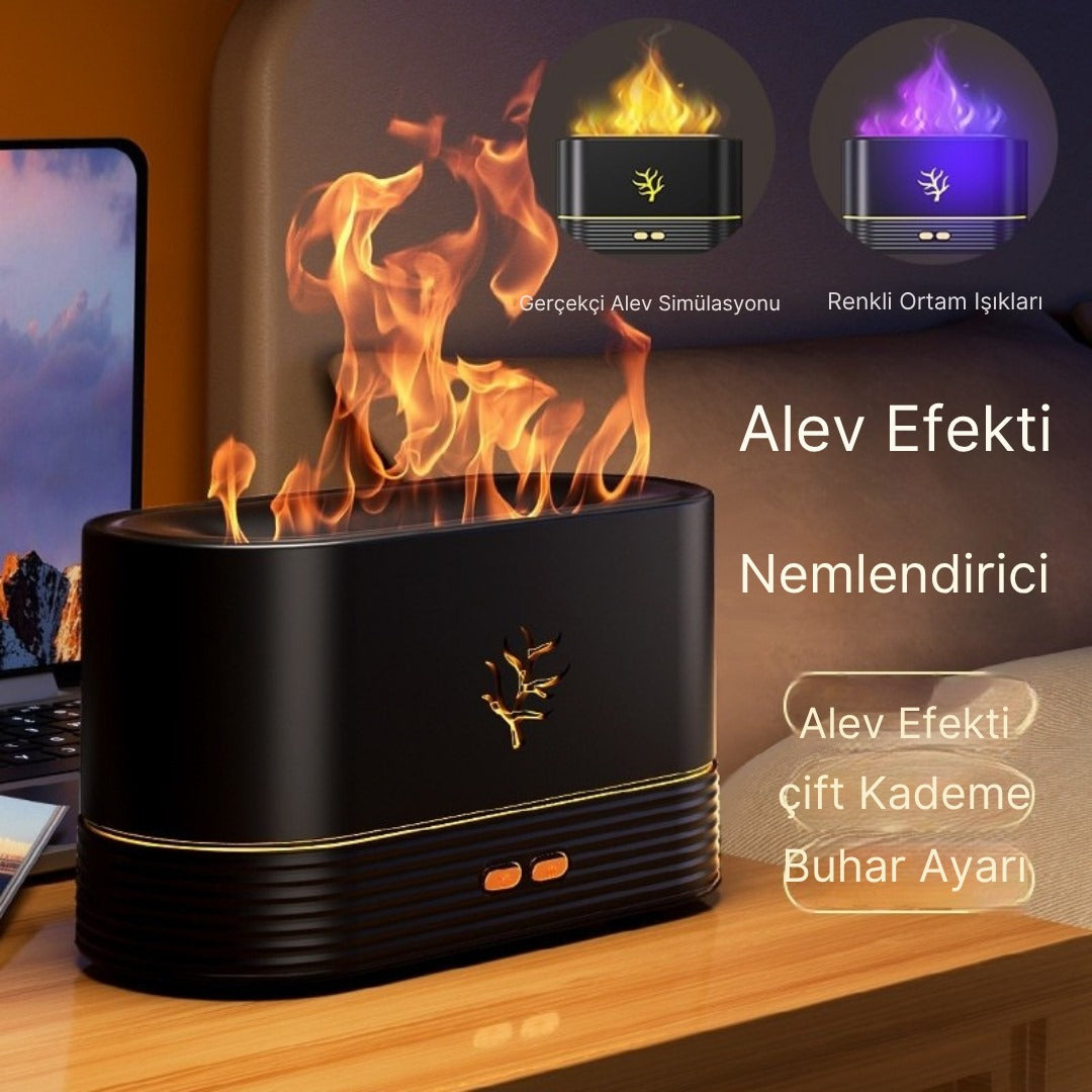 Alev efektli aroma difüzör – gerçekçi alev simülasyonu, gece lambası ve nemlendirme