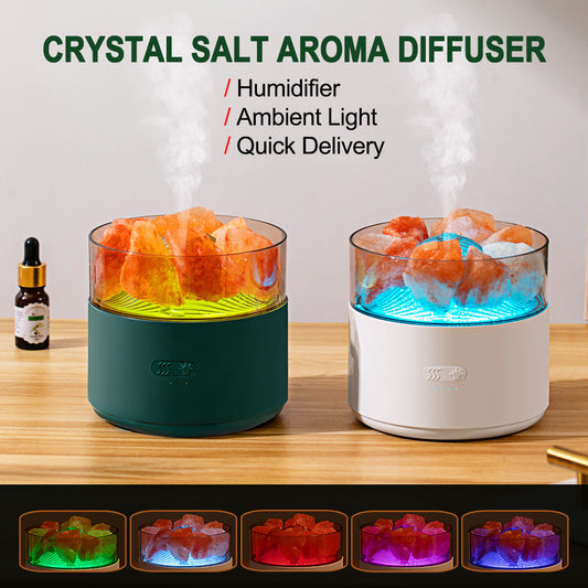 Kristal tuz parçaları ile dolu ambiyans lambalı soğuk buhar nemlendirici aroma difüzörü – LED ışıklı atmosfer yaratır