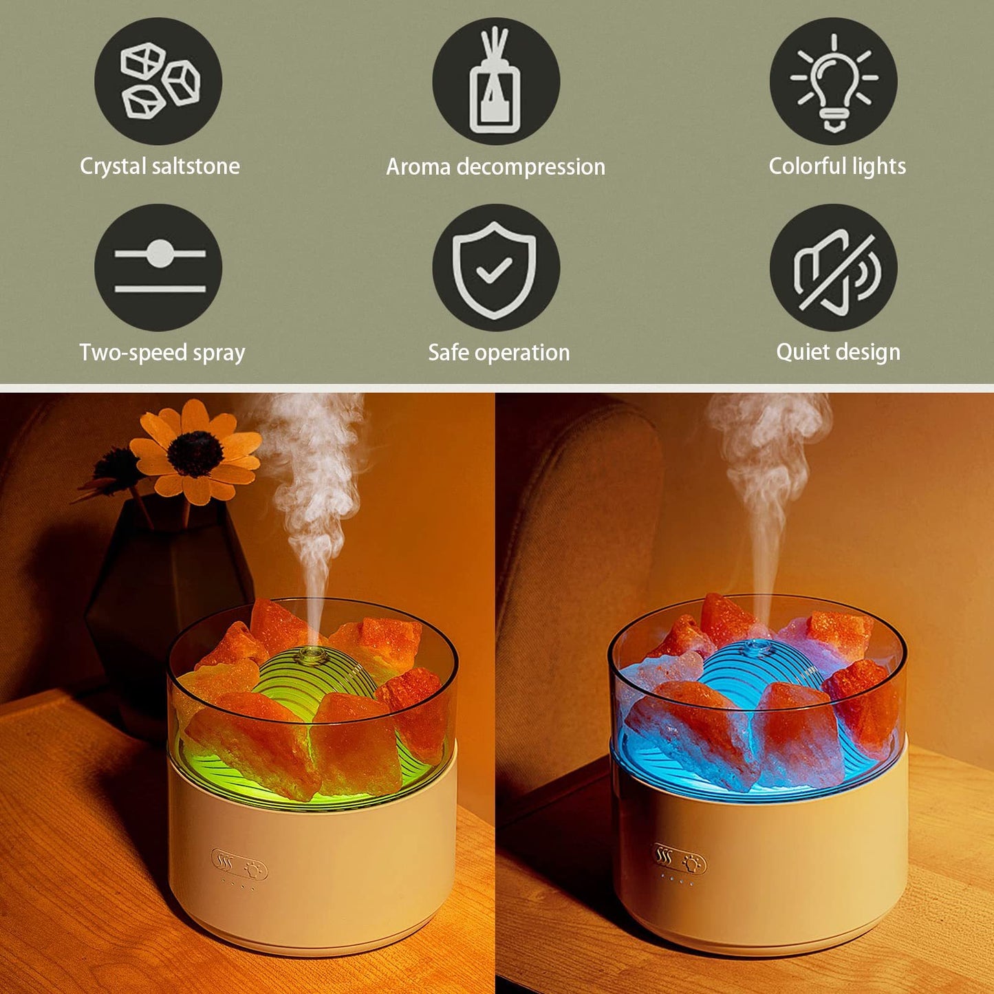 Kristal Tuz Aromaterapi Difüzör | Cool Mist Hava Nemlendirici & LED Ortam Işığı