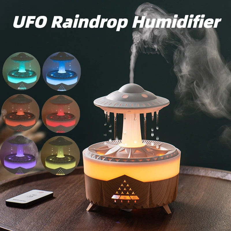 UFO tasarımlı yağmur damlası aromaterapi difüzör — LED aydınlatmalı ve su damlalarına benzer sis efekti sunan dekoratif USB nemlendirici